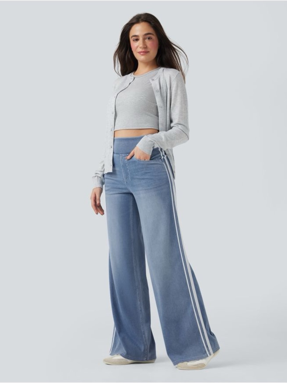 Halara Flex High Waist Wide Leg Denim Jeans Side Stripe Light Wash